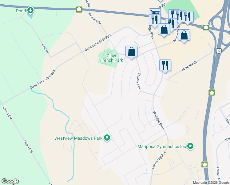 map of restaurants, bars, coffee shops, grocery stores, and more near 51 Atlantis Drive in Orillia