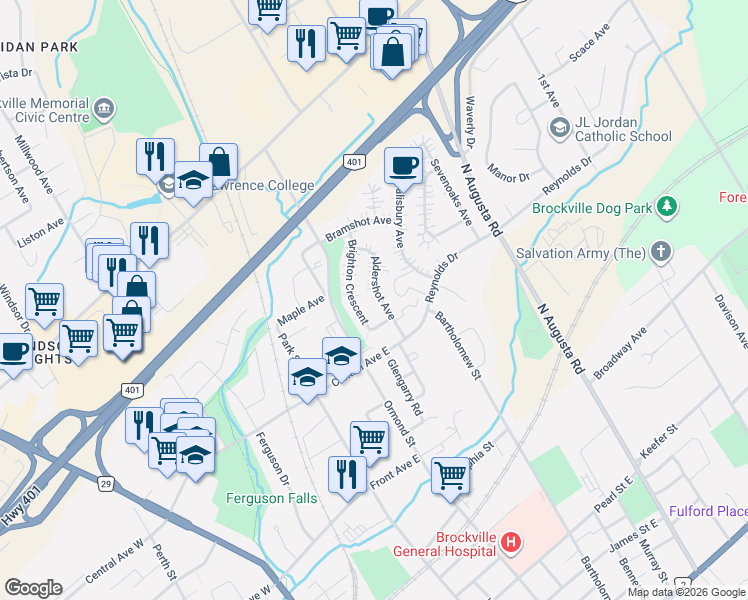 map of restaurants, bars, coffee shops, grocery stores, and more near 40 Aldershot Avenue in Brockville