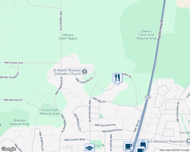 map of restaurants, bars, coffee shops, grocery stores, and more near 545 Northwest Wild Rose Drive in Corvallis