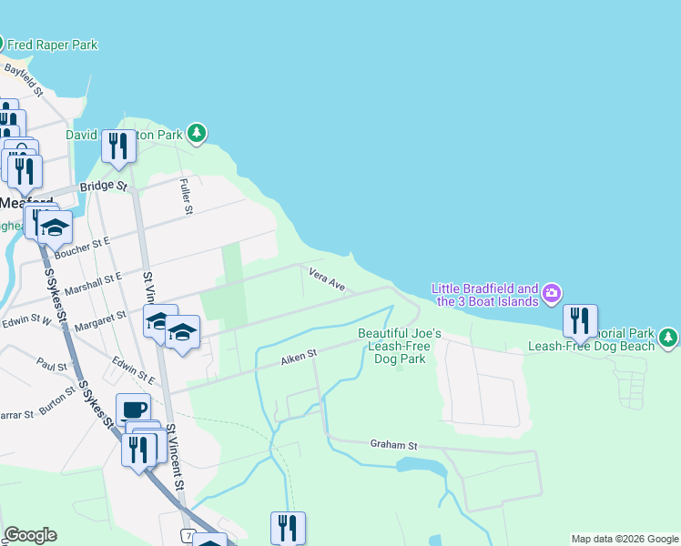 map of restaurants, bars, coffee shops, grocery stores, and more near 47 Vera Avenue in Meaford