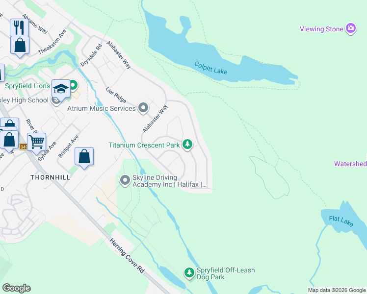 map of restaurants, bars, coffee shops, grocery stores, and more near 105 Titanium Crescent in Halifax