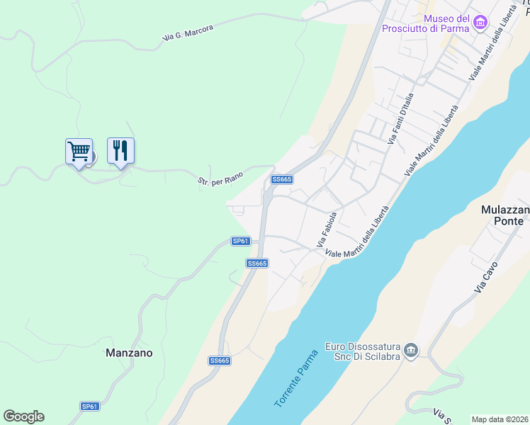 map of restaurants, bars, coffee shops, grocery stores, and more near Strada Provinciale 6 in Langhirano