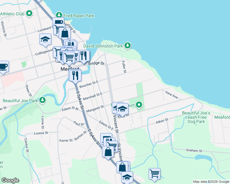 map of restaurants, bars, coffee shops, grocery stores, and more near 186 Saint Vincent Street in Meaford