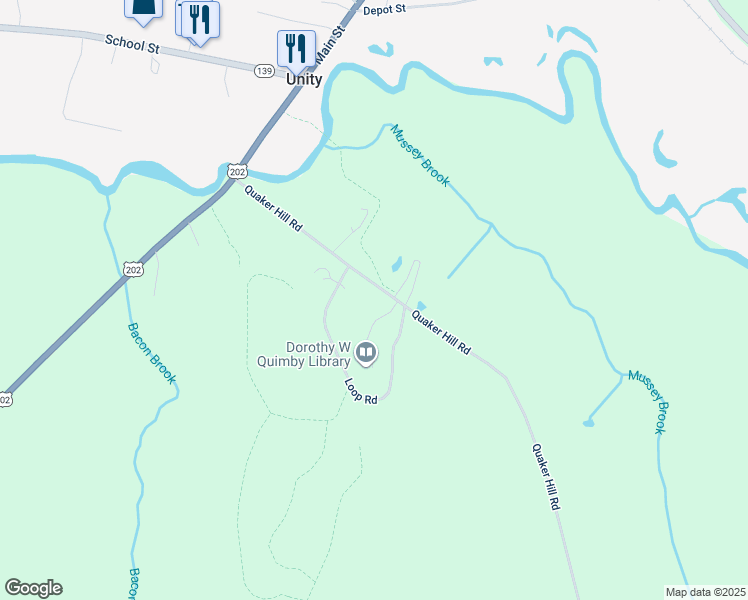 map of restaurants, bars, coffee shops, grocery stores, and more near 90 Quaker Hill Road in Unity