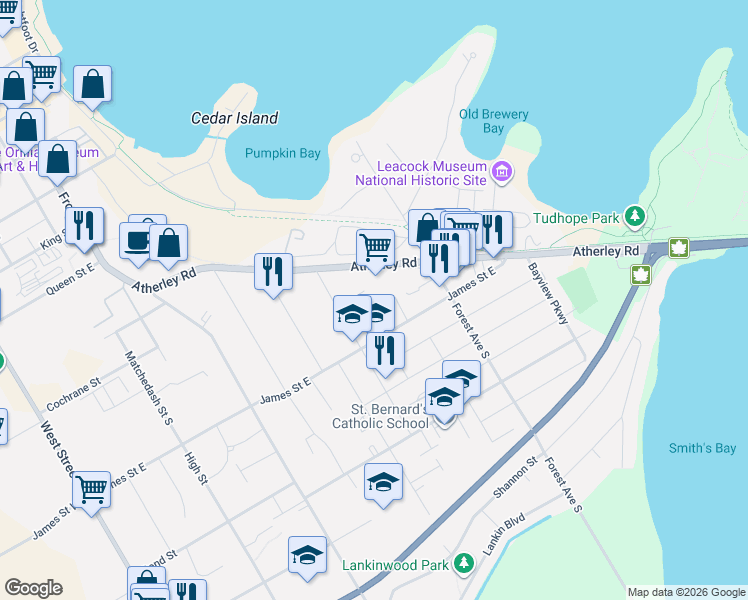 map of restaurants, bars, coffee shops, grocery stores, and more near 20 Churchlea Mews in Orillia