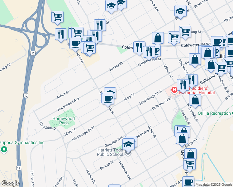 map of restaurants, bars, coffee shops, grocery stores, and more near 313 John Street in Orillia