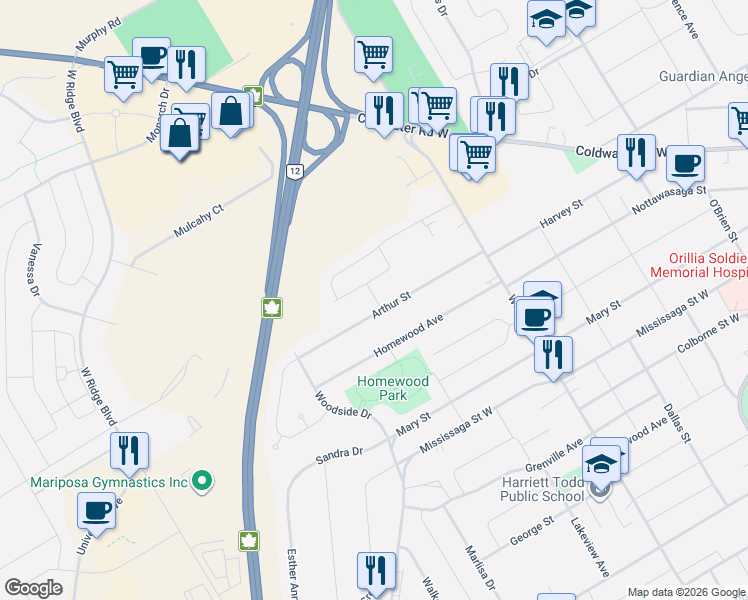 map of restaurants, bars, coffee shops, grocery stores, and more near 391 Arthur Street in Orillia