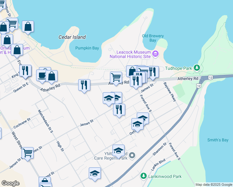 map of restaurants, bars, coffee shops, grocery stores, and more near 228 James Street East in Orillia