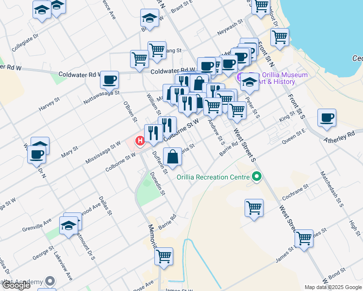 map of restaurants, bars, coffee shops, grocery stores, and more near 71 Wyandotte Street in Orillia
