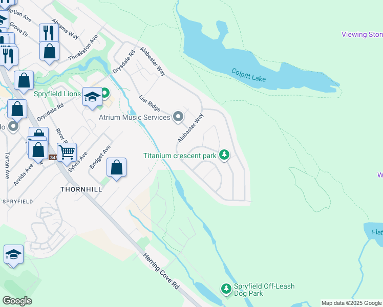 map of restaurants, bars, coffee shops, grocery stores, and more near 25 Titanium Crescent in Halifax