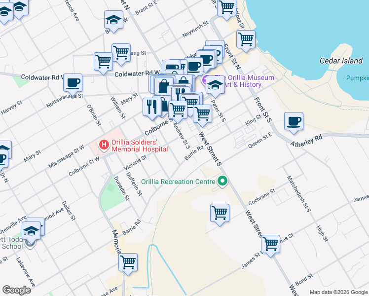 map of restaurants, bars, coffee shops, grocery stores, and more near 105 Andrew Street South in Orillia