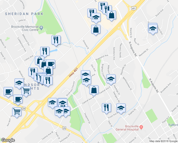 map of restaurants, bars, coffee shops, grocery stores, and more near Dewick Drive in Brockville