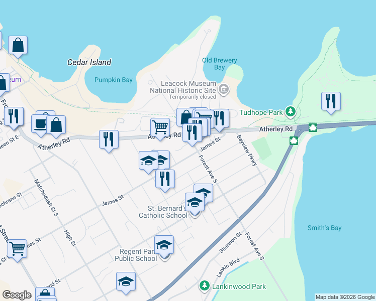 map of restaurants, bars, coffee shops, grocery stores, and more near 317 Atherley Road in Orillia