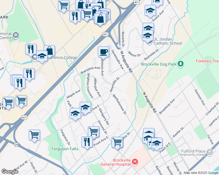 map of restaurants, bars, coffee shops, grocery stores, and more near 66 Reynolds Drive in Brockville