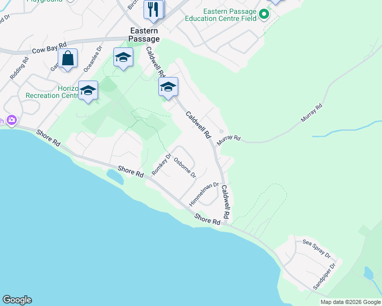 map of restaurants, bars, coffee shops, grocery stores, and more near 92 Romkey Drive in Eastern Passage