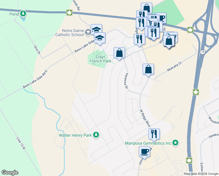 map of restaurants, bars, coffee shops, grocery stores, and more near 3092 Monarch Drive in Orillia