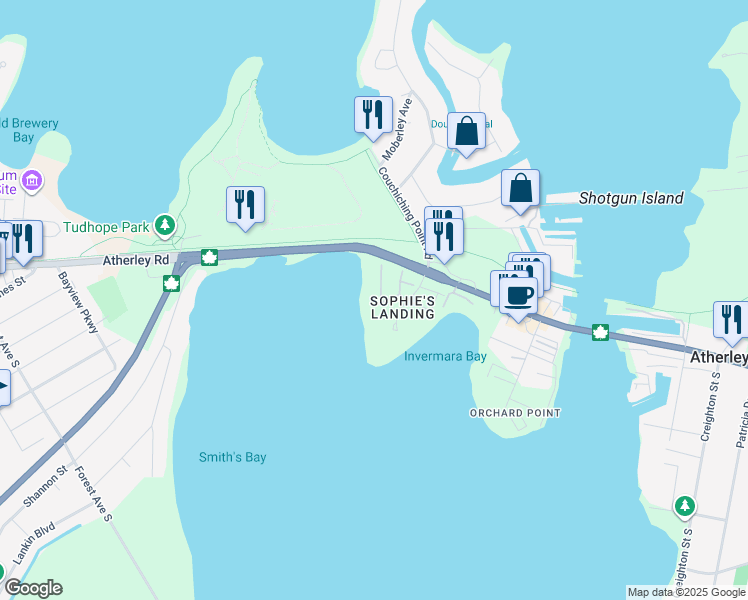 map of restaurants, bars, coffee shops, grocery stores, and more near 5 Invermara Court in Orillia