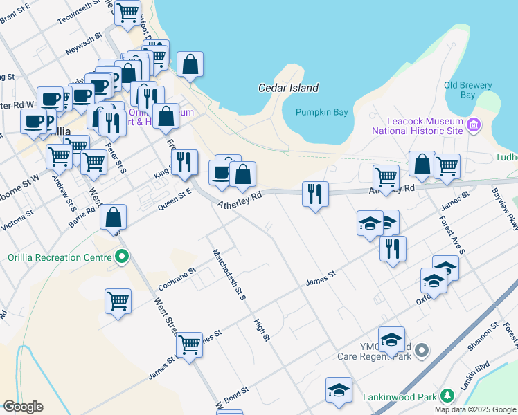 map of restaurants, bars, coffee shops, grocery stores, and more near in Orillia