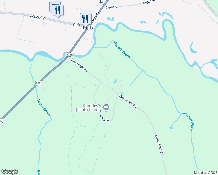 map of restaurants, bars, coffee shops, grocery stores, and more near 33 Quaker Hill Road in Unity