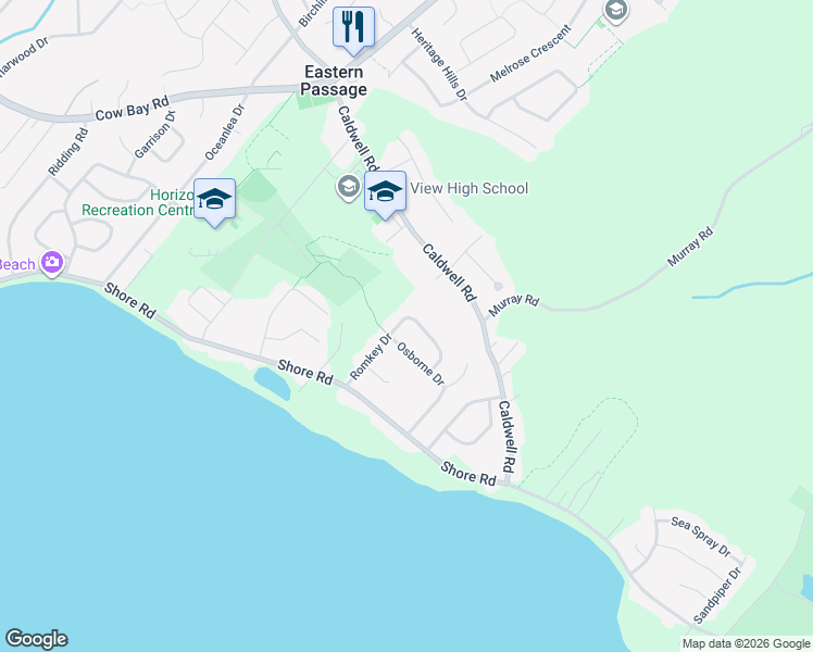 map of restaurants, bars, coffee shops, grocery stores, and more near 57 Romkey Drive in Eastern Passage