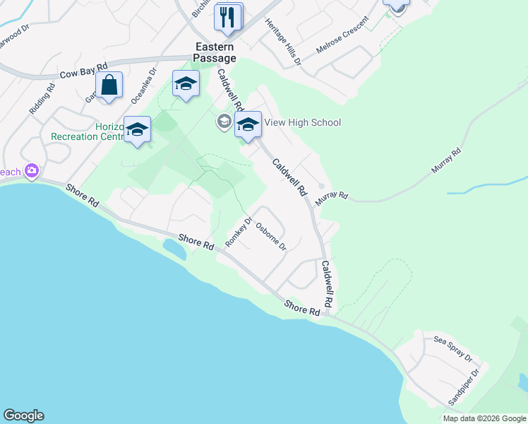 map of restaurants, bars, coffee shops, grocery stores, and more near 57 Romkey Drive in Eastern Passage