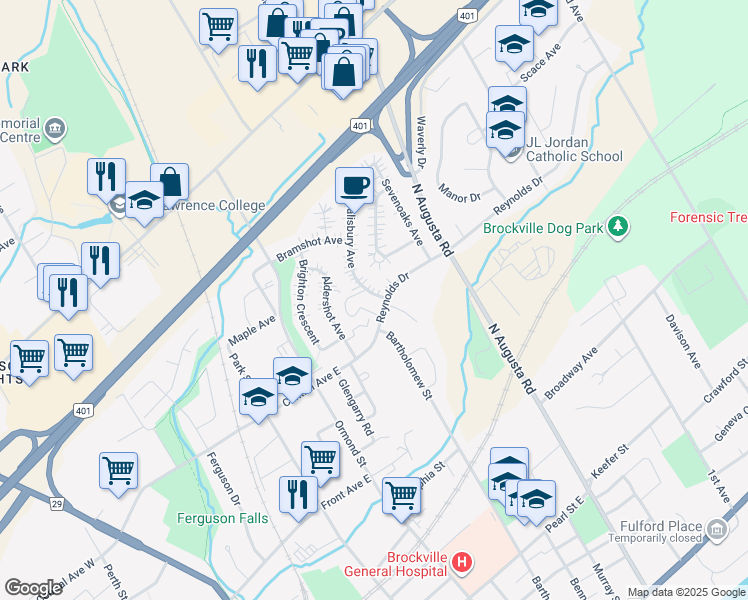 map of restaurants, bars, coffee shops, grocery stores, and more near 18 Salisbury Avenue in Brockville