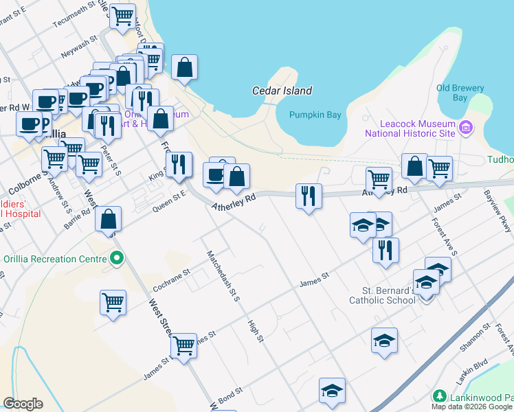 map of restaurants, bars, coffee shops, grocery stores, and more near 135 Atherley Road in Orillia