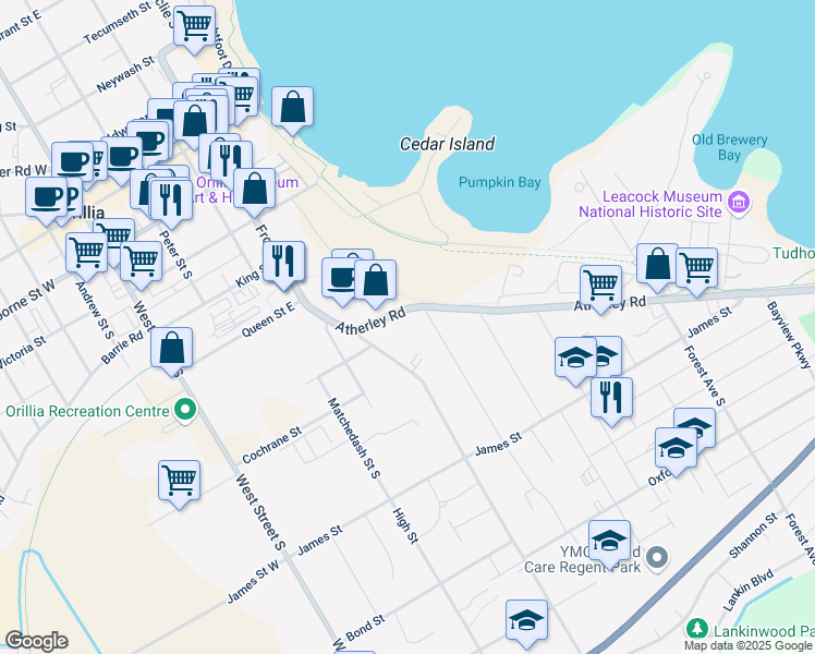 map of restaurants, bars, coffee shops, grocery stores, and more near 135 Atherley Road in Orillia