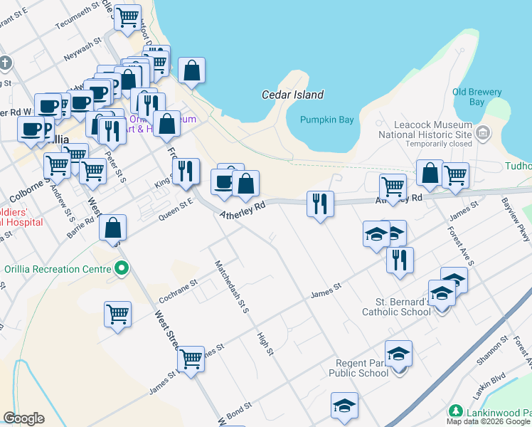 map of restaurants, bars, coffee shops, grocery stores, and more near 135 Atherley Road in Orillia