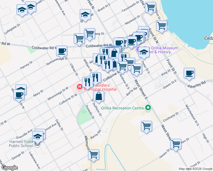 map of restaurants, bars, coffee shops, grocery stores, and more near 87 Colborne Street West in Orillia