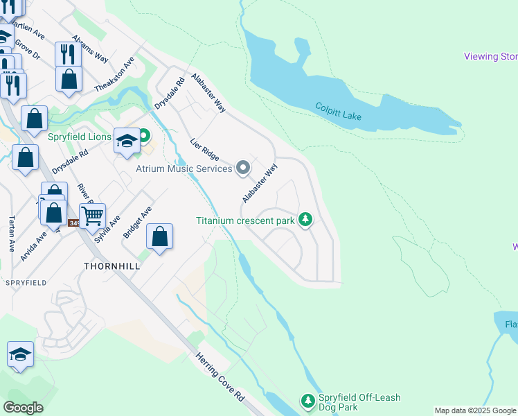 map of restaurants, bars, coffee shops, grocery stores, and more near 280 Alabaster Way in Halifax