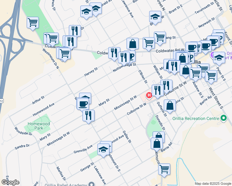 map of restaurants, bars, coffee shops, grocery stores, and more near 47 Douglas Street in Orillia