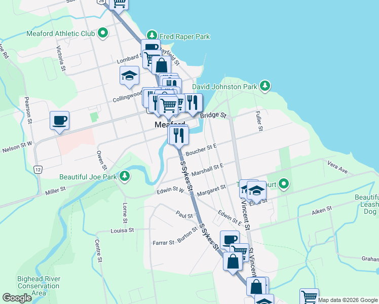 map of restaurants, bars, coffee shops, grocery stores, and more near 25 South Sykes Street in Meaford