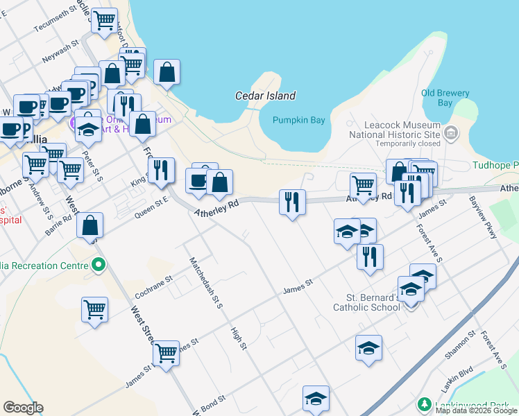 map of restaurants, bars, coffee shops, grocery stores, and more near 155 Atherley Road in Orillia