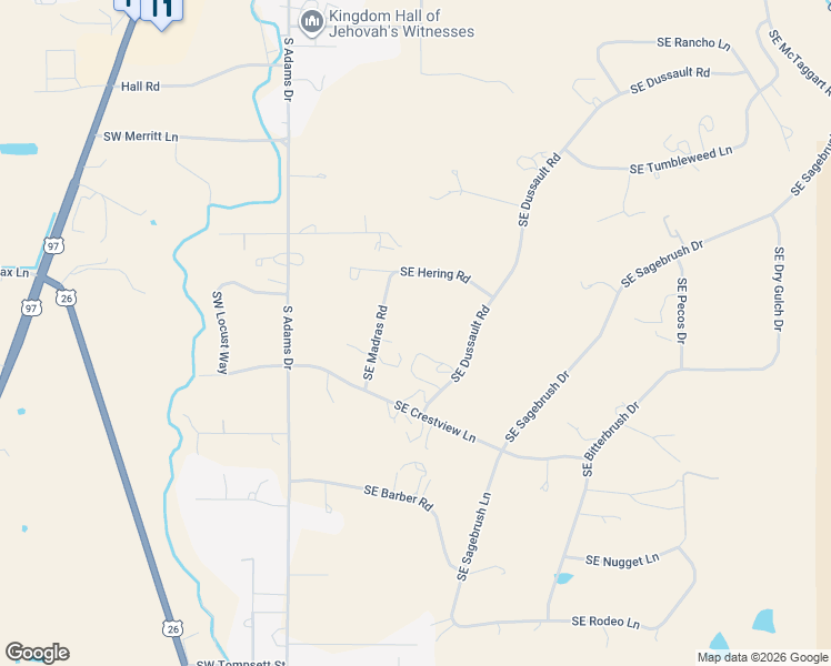 map of restaurants, bars, coffee shops, grocery stores, and more near 2165 Southeast Madras Road in Madras