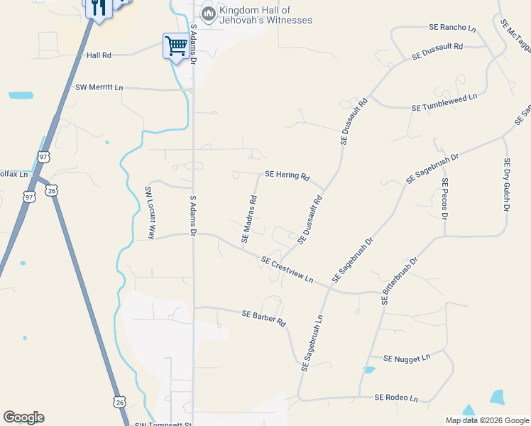 map of restaurants, bars, coffee shops, grocery stores, and more near 2165 Southeast Madras Road in Madras
