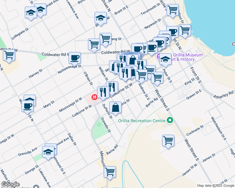 map of restaurants, bars, coffee shops, grocery stores, and more near 100 Colborne Street West in Orillia