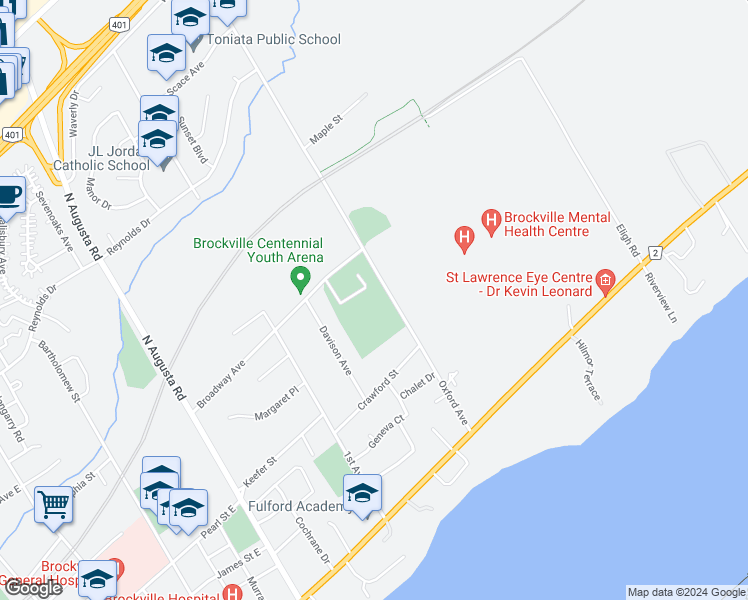 map of restaurants, bars, coffee shops, grocery stores, and more near 96 Oxford Avenue in Brockville