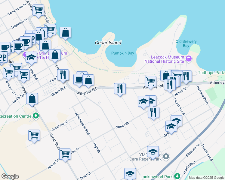 map of restaurants, bars, coffee shops, grocery stores, and more near 177 Atherley Road in Orillia