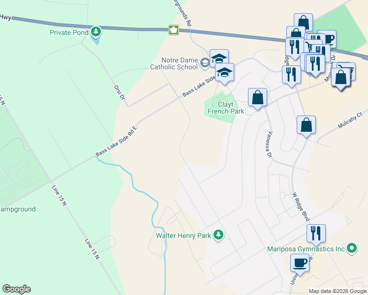 map of restaurants, bars, coffee shops, grocery stores, and more near Atlantis Drive in Orillia