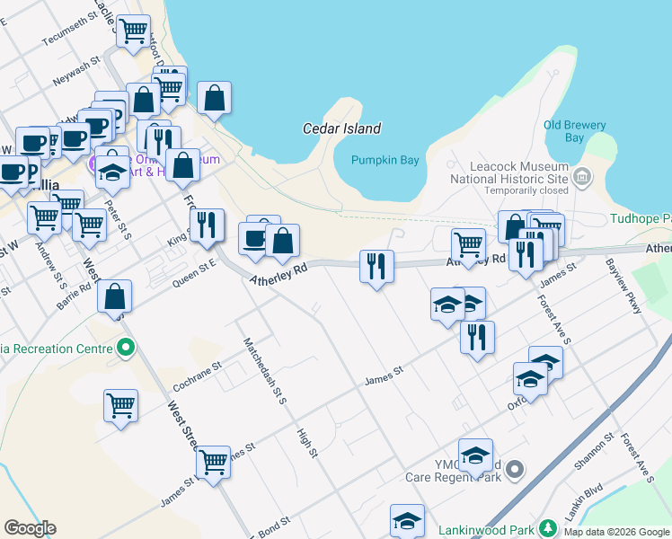 map of restaurants, bars, coffee shops, grocery stores, and more near 155 Atherley Road in Orillia