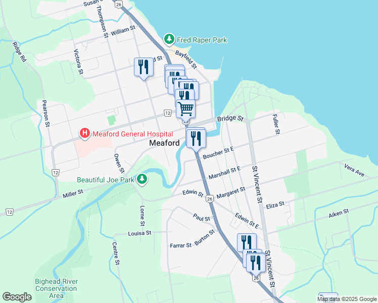 map of restaurants, bars, coffee shops, grocery stores, and more near 24 Boucher Street West in Meaford