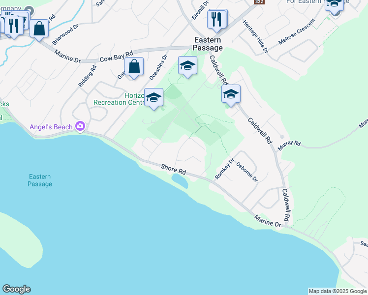 map of restaurants, bars, coffee shops, grocery stores, and more near 31 Chater Street in Eastern Passage