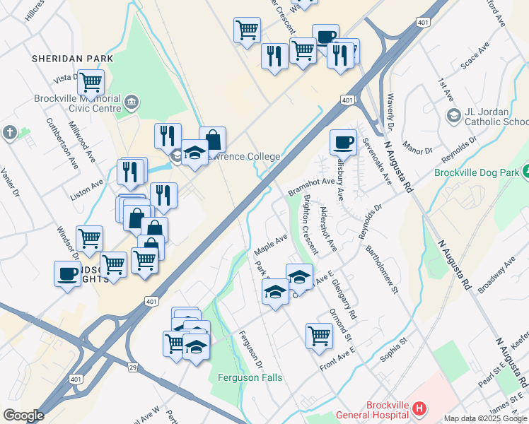map of restaurants, bars, coffee shops, grocery stores, and more near 30 Dewick Drive in Brockville