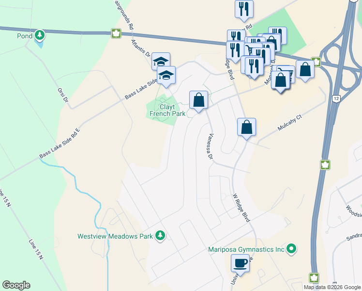 map of restaurants, bars, coffee shops, grocery stores, and more near 3124 Monarch Drive in Orillia