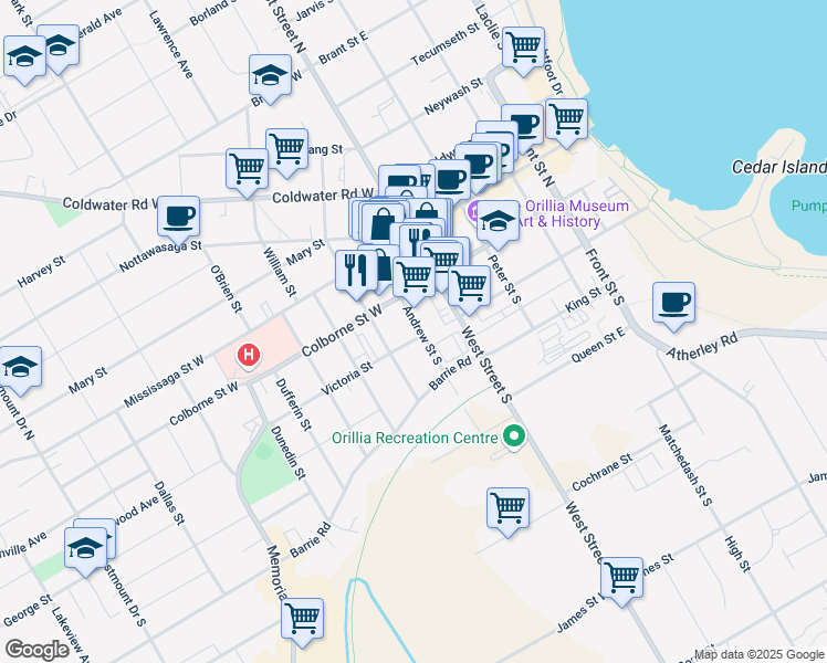 map of restaurants, bars, coffee shops, grocery stores, and more near 75 Andrew Street South in Orillia