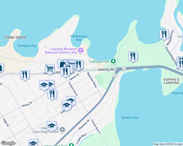 map of restaurants, bars, coffee shops, grocery stores, and more near 341 Atherley Road in Orillia