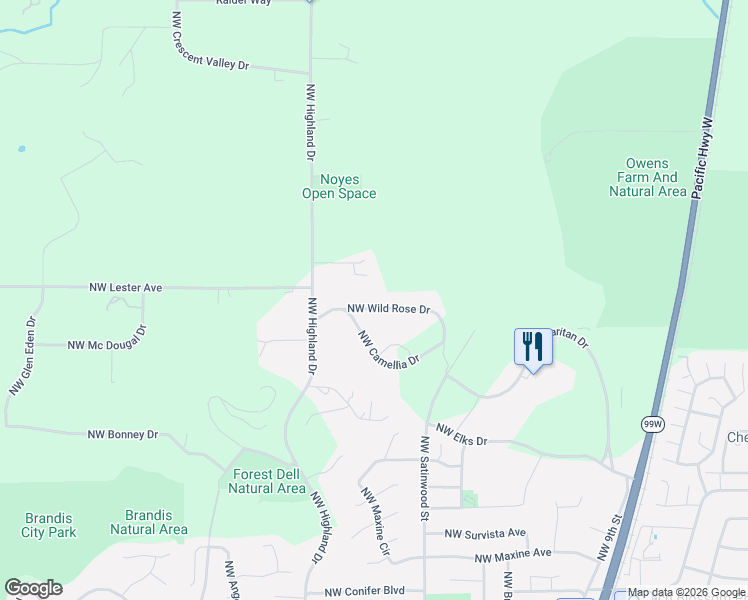 map of restaurants, bars, coffee shops, grocery stores, and more near 950 Northwest Wild Rose Drive in Corvallis