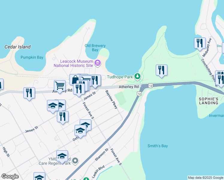 map of restaurants, bars, coffee shops, grocery stores, and more near 341 Atherley Road in Orillia