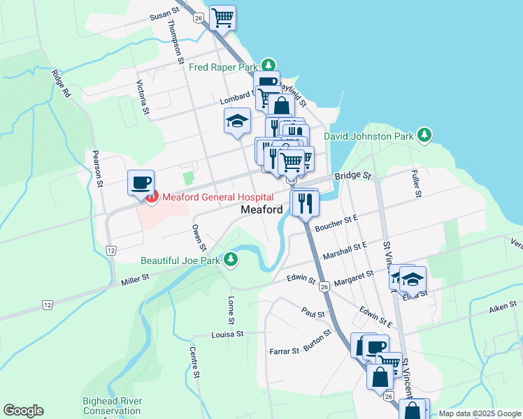 map of restaurants, bars, coffee shops, grocery stores, and more near in Meaford